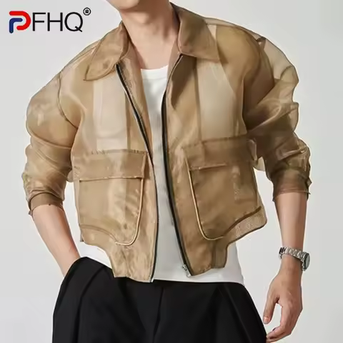 PFHQ Sunscreen Men's Jacket Trendy New Summer Gauze Net Handsome Lapel Design Long Sleeve Zipper Stylish Men Tops 21E5763