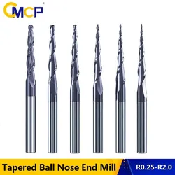 CMCP Carbide Milling Cutter R0.25-R2.0 2 Flute Tapered Ball Nose End Mill CNC Router Bit Wood /Metal Engraving Bit CNC Cutter