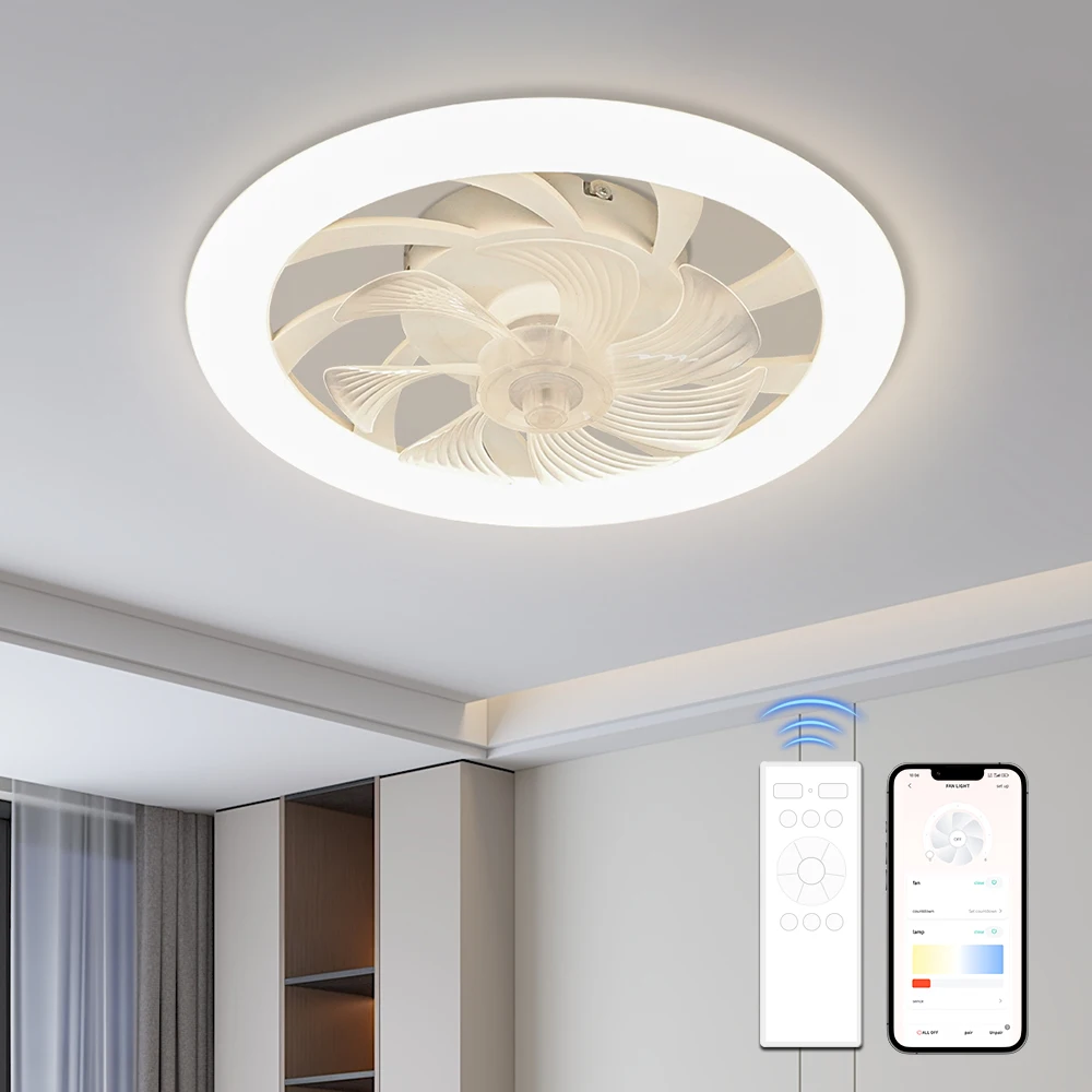 

Потолочный светодиодный потолочный вентилятор 48 см, программа приложения, дистанционное управление, неограниченное количество затемнения, потолочный вентилятор для гостиной и спальни