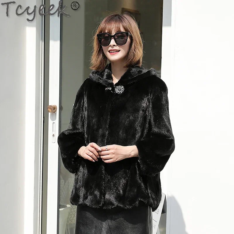 

Tcyeek Natural Mink Fur Coat Women Black Hooded Whole Mink 2023 Winter Women's Fur Jackets Fashion Real Fur Jacket for Ladies