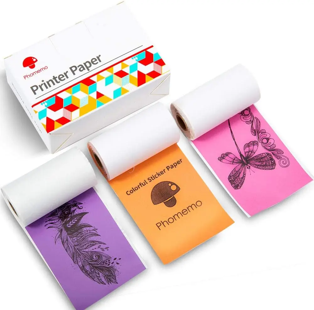 

Colorful Thermal Sticker Paper for Mini Printers, Black on Purple/Rose/Orange, 50mm x 3.5m, 3 Rolls