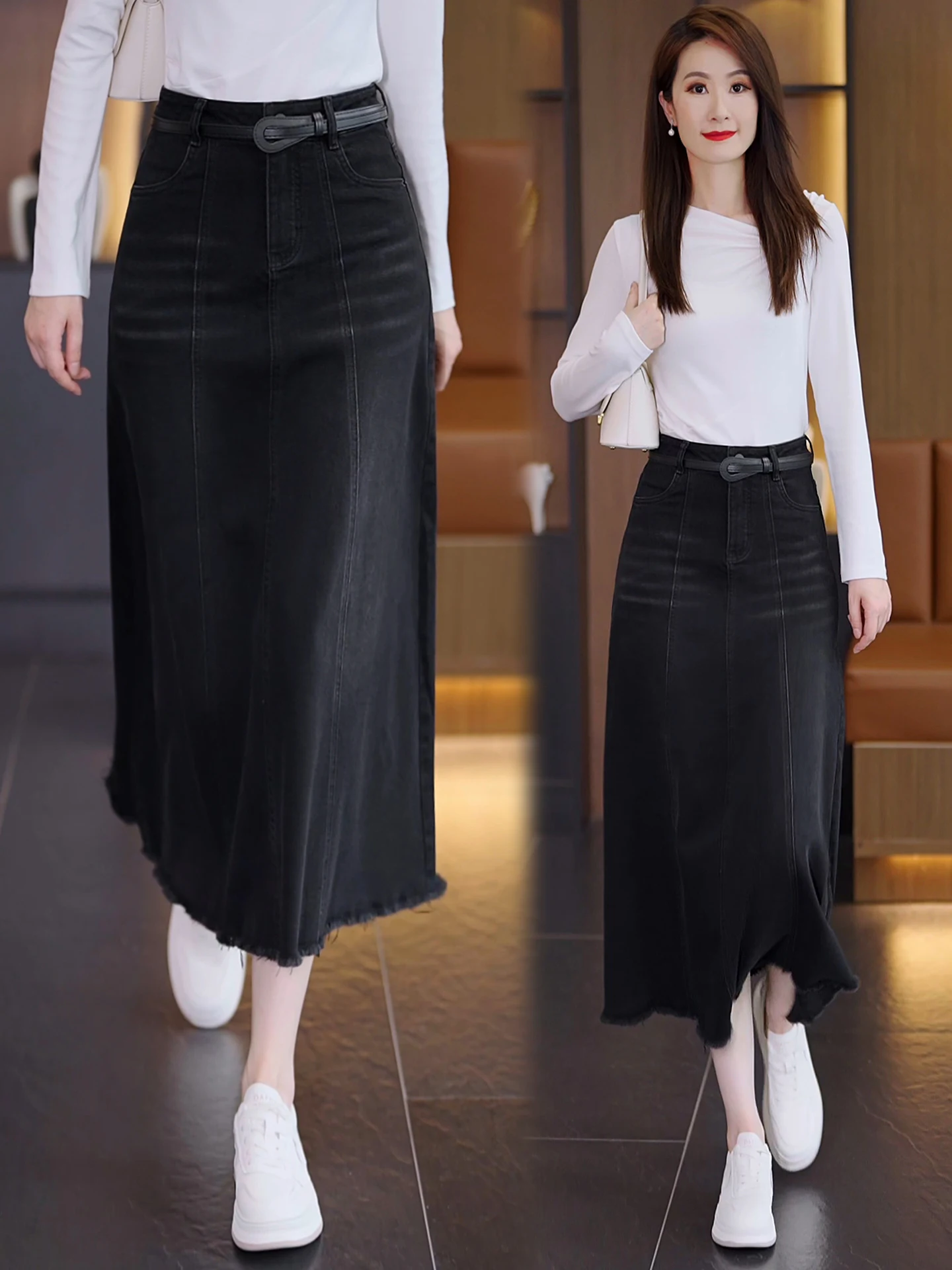 

High Waist A-Line Denim Skirt Women's Spring Autumn Mid-Length Umbrella Skirt Slimming Hip Covering Cotton Polyester Blend