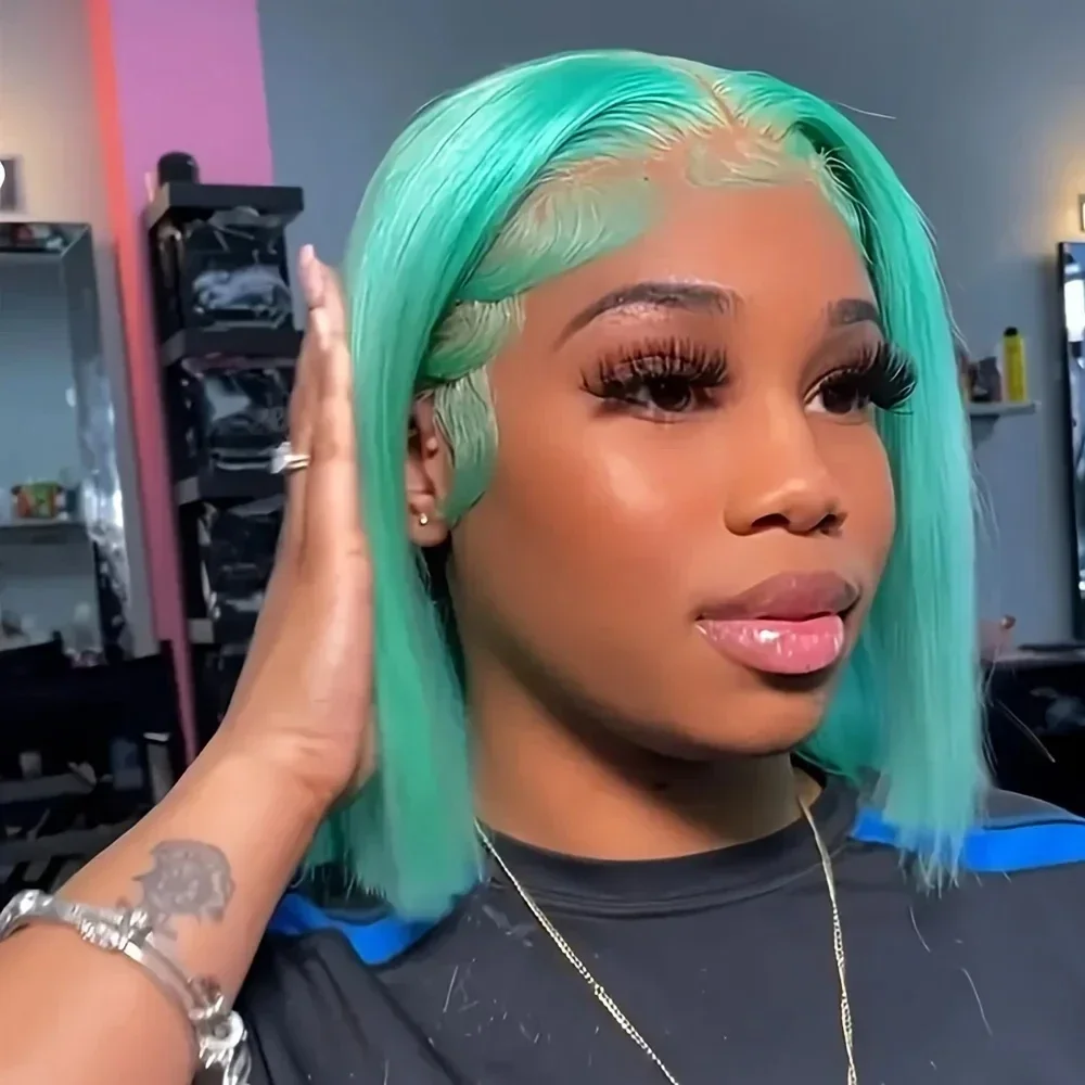 

﻿ Mint Green Colored Short Bob Straight 13x4 Lace Frontal Wigs Human Hair Wigs100% Wearing It While Shopping Is Very Suitable