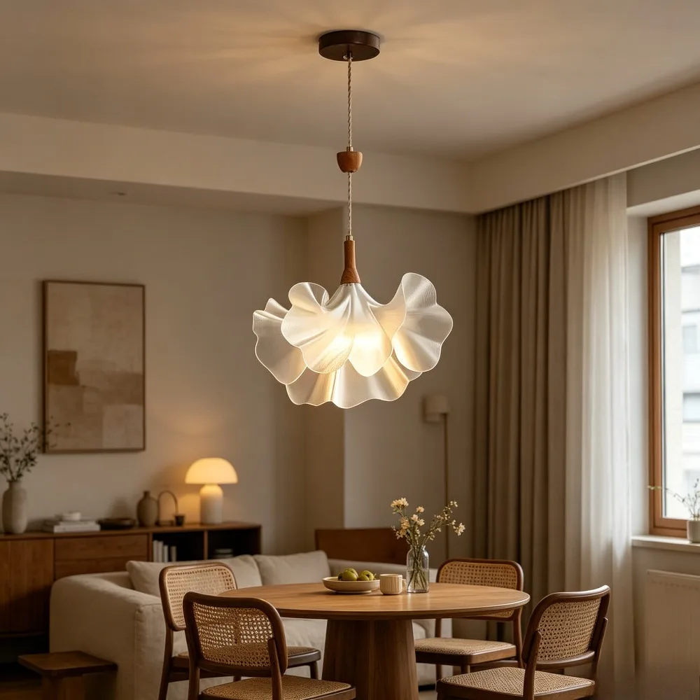 Japanese Flower-shaped Pendant Light E27 for Dining Table Bar Counter Living Room Study Antique Simple Acrylic Pendant Lamp