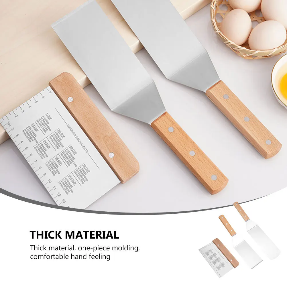 

3Pcs Stainless Steel Kitchen Shovel Beech Handle Easy Clean Exquisite Design Steak Spatula Baking Tool Silver Cake Cutter