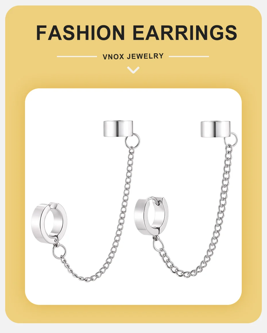 Vnox Edelstahl-Ohrringe mit geometrischer Kette für nicht durchbohrte oder durchstochene Ohren, silberfarbener Clip-On-Ohrmanschettenring, Unisex-Schmuck, neu – Detail 1