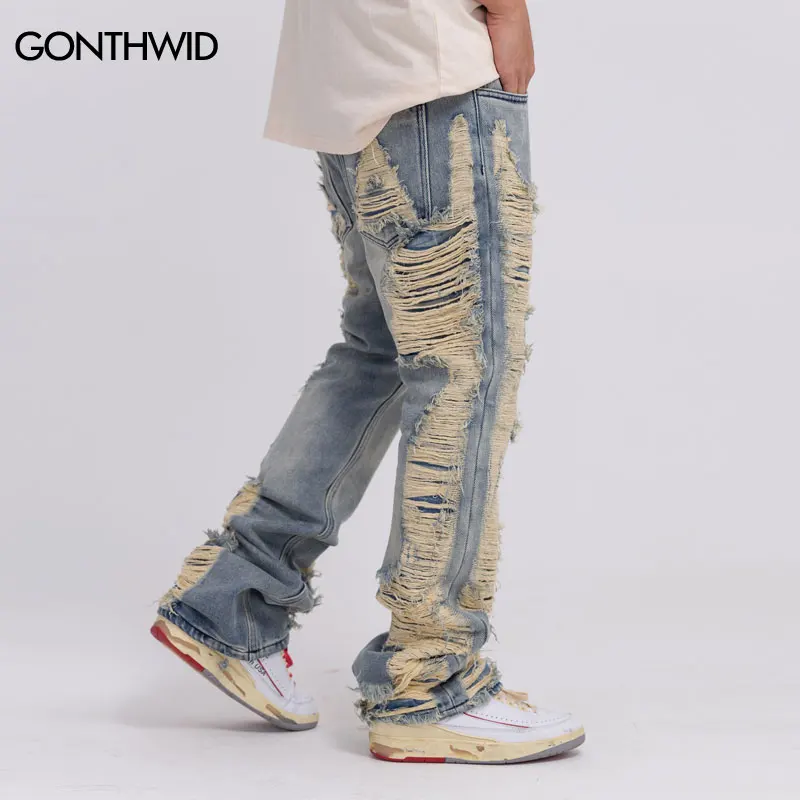 Hip Hop Jeans Y2K Streetwear Ripped Destroyed Punk Denim Pants Men Harajuku Fashion Baggy Wide Straight Leg Jeans Trousers Blue