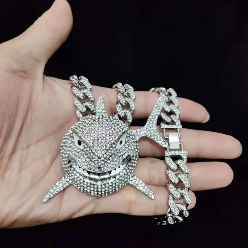 Big Size Shark Pendant Necklace For Men  Hip Hop Bling Jewelry With Iced Out Crystal Miami Cuban Chain fashion jewelry