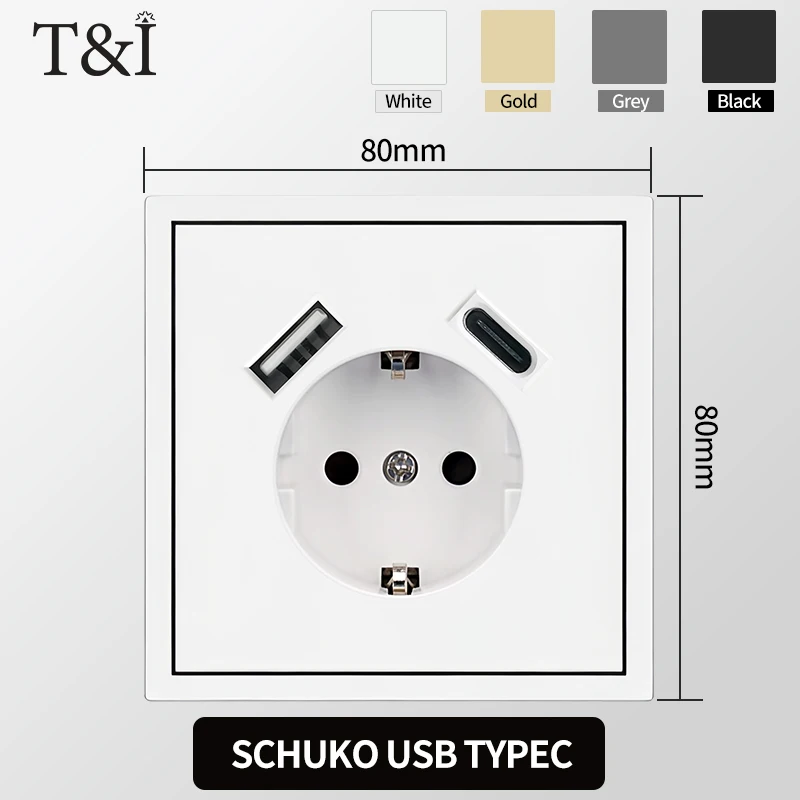 Europese stopcontact EU-stopcontact, USB Type-C oplaadpoorten, 1/2 gang lichtschakelaar, 16A 250V, inbouw, wit paneel, 80×80mm