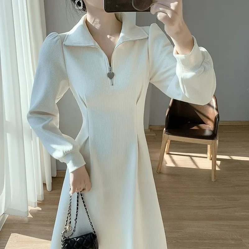 

French Long-sleeved Dress for Women in Autumn and Winter, High-end Temperament Velvet and Thickened Solid Color Lapel Long Skirt