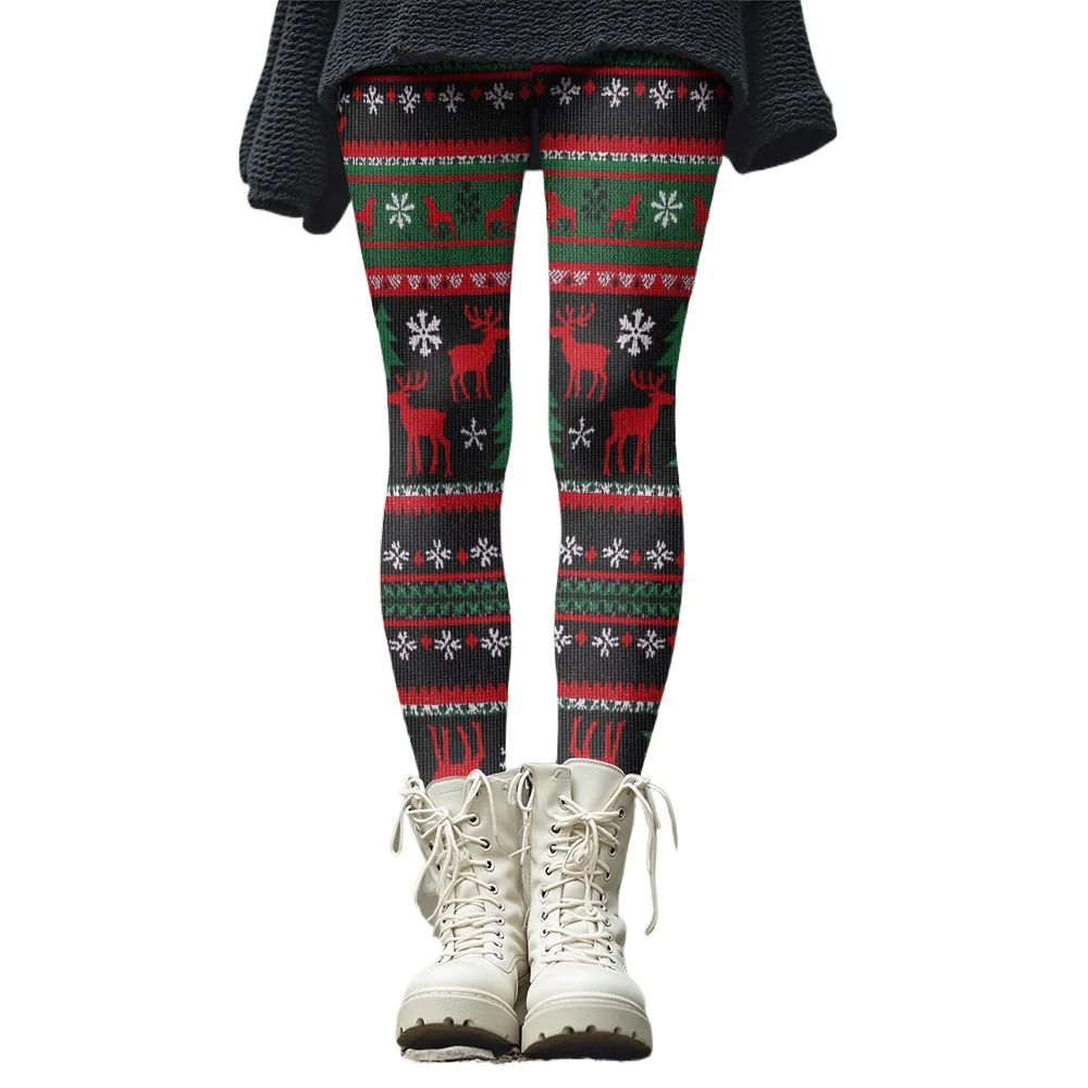 Winter Snowflake Printed Leggings with Green Black Checkered Pattern Cozy Tight-Fit Design for Cold Weather Style Warmth