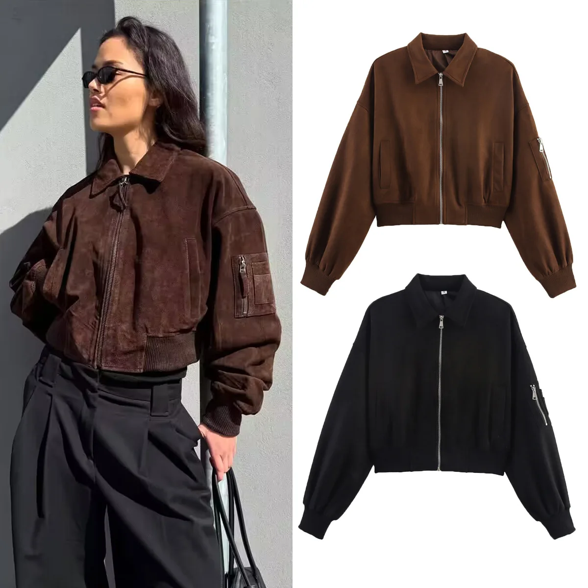 

Fall Women Brown Suede Bomber Jacket Lapel Long Sleeve Zipper Pocket Cropped Coat Autumn Lady Fashion High Street Outwear