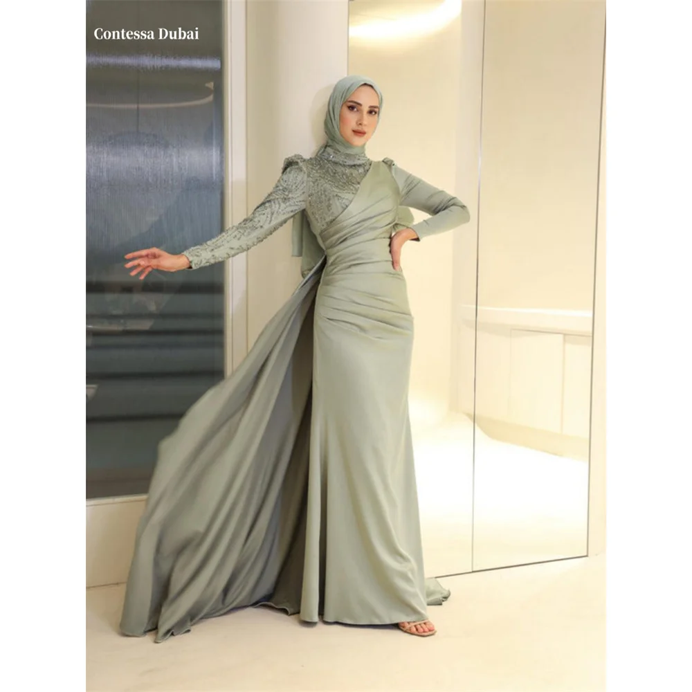 

Contessa Dubai Single-Shoulder Bead Embroidery Prom Dress Removable trainفساتين سهرات Trumpet Formal Srobes de soirée