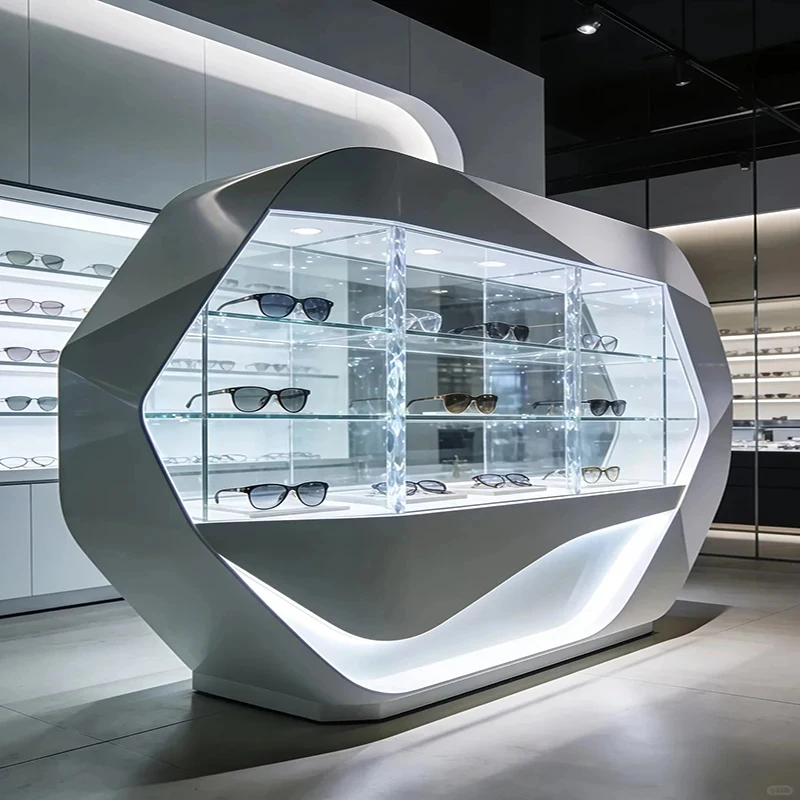 custom.Customizable Color & Size LED Lighting Retail Display Etagere Shelves Powder Coated/Glass Back Jewelry Glasses Supermarke