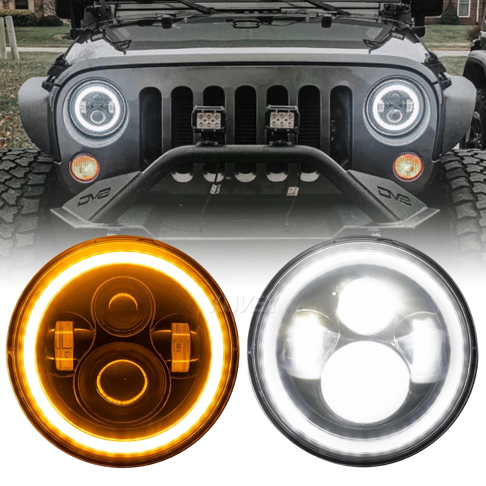 7inch Angel Eyes H4 Led Headlight For Lada Niva 4X4 Uaz Hunter Hummer H1 H2 Wrangler Daytime Running Lights DRL Amber Halo Rings