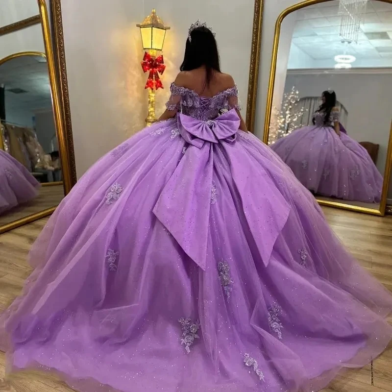 ANGELSBRIDEP Shiny Lilac Quinceanera Dresses With Bow Flower Lace Appliques Off-Shoulder Vestidos De 15 Anos Birthday Party Prom