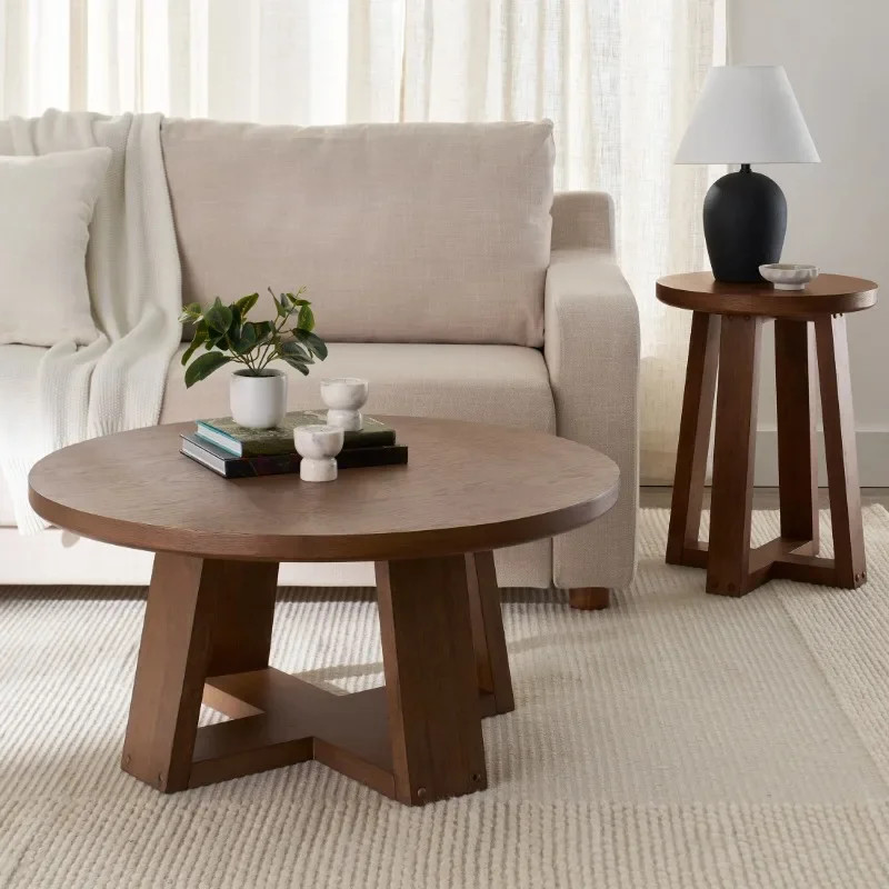 Coffee Table, Walnut Finish, Round,Sturdy construction,Easy assembly,blends seamlessly with any interior decor style