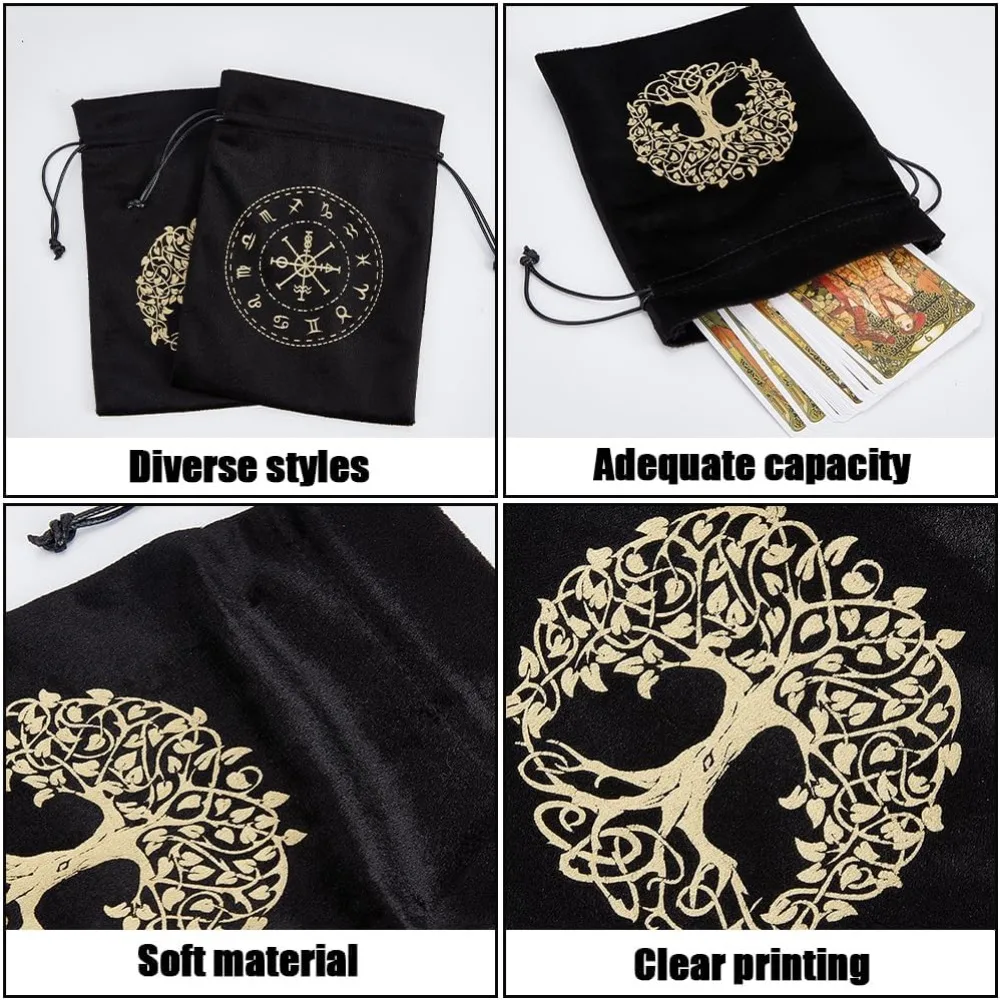 2Pcs Tarot Bags Velvet Tarot Card Storage 12 Constellations Tree of Life Bag Pouches Holder Rune with Halloween 7x5.1Inch-Black