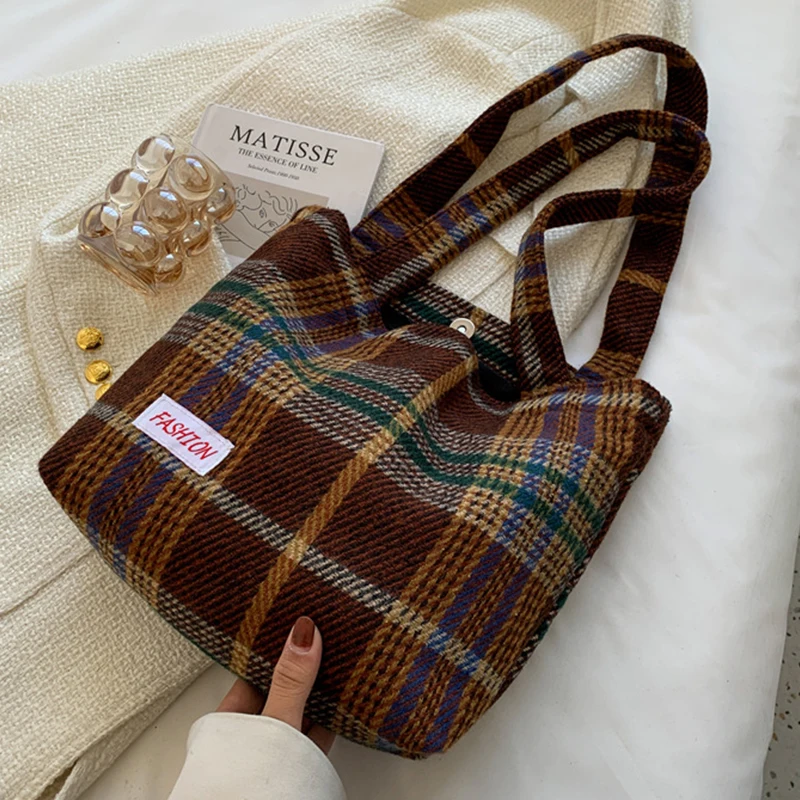 Tote Women\'s Bag Shoulder Wool Shopper Bags For Women Large Capacity Autumn Winter New Soft Plaid Ladies Travel Designer Handbag