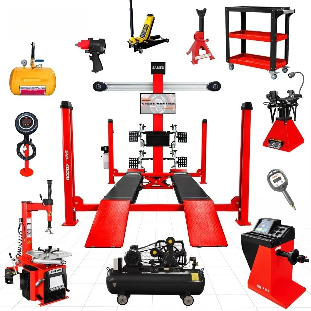 Full Set 4 Post Car Lift 3d Wheel Alignment Wheel Balancer Tire Changer Machine and Car Lift Combo