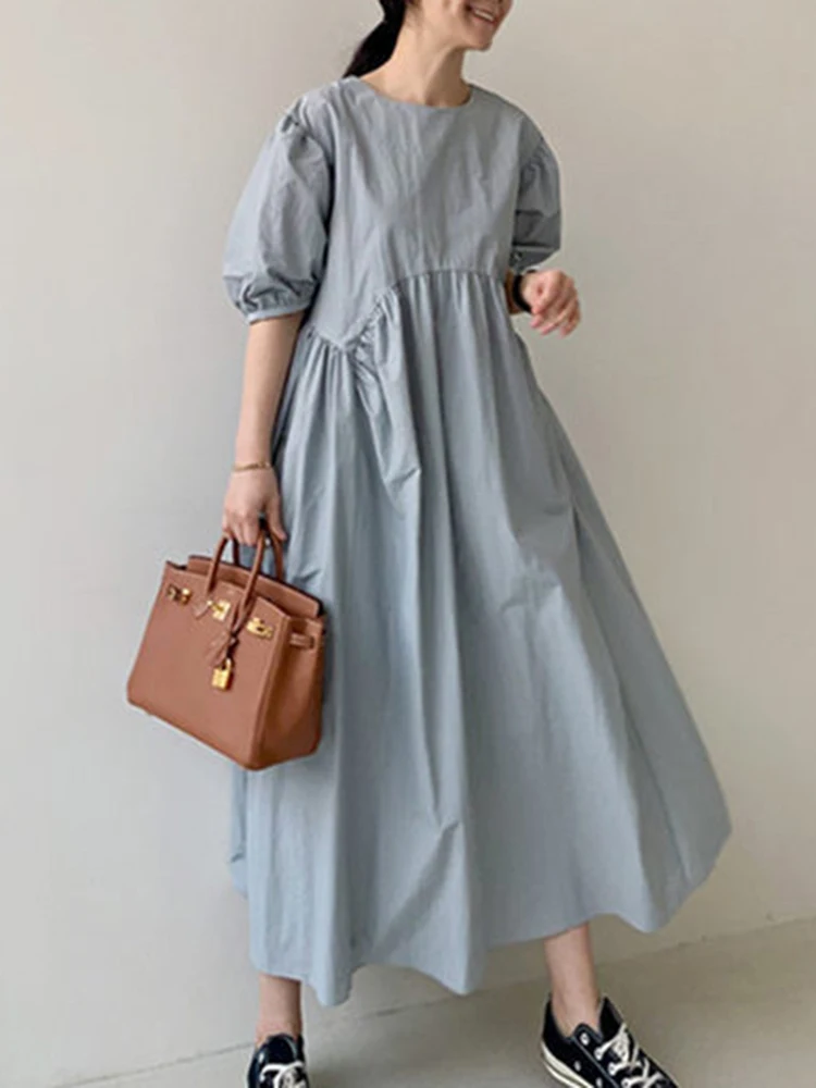 LANMREM Casual Solid Color Dress Women Round Neck Puff Short Sleeves Loose A-line Dresses Fashion 2024 New Clothing 2AA1753