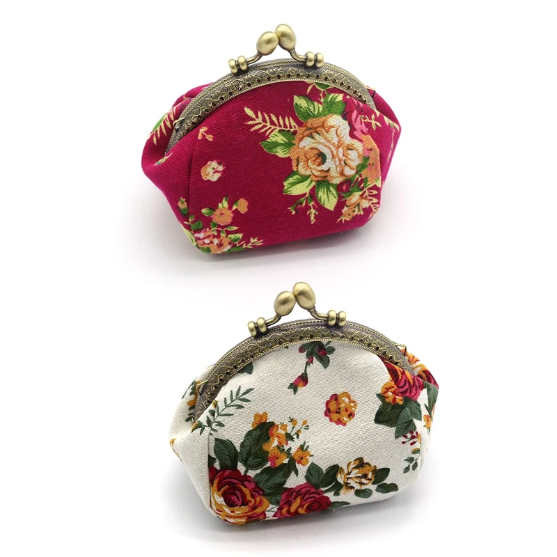 2X Wallet,Lady Vintage Flower Mini Coin Purse Wallet Clutch Bag (Rose Red&White)