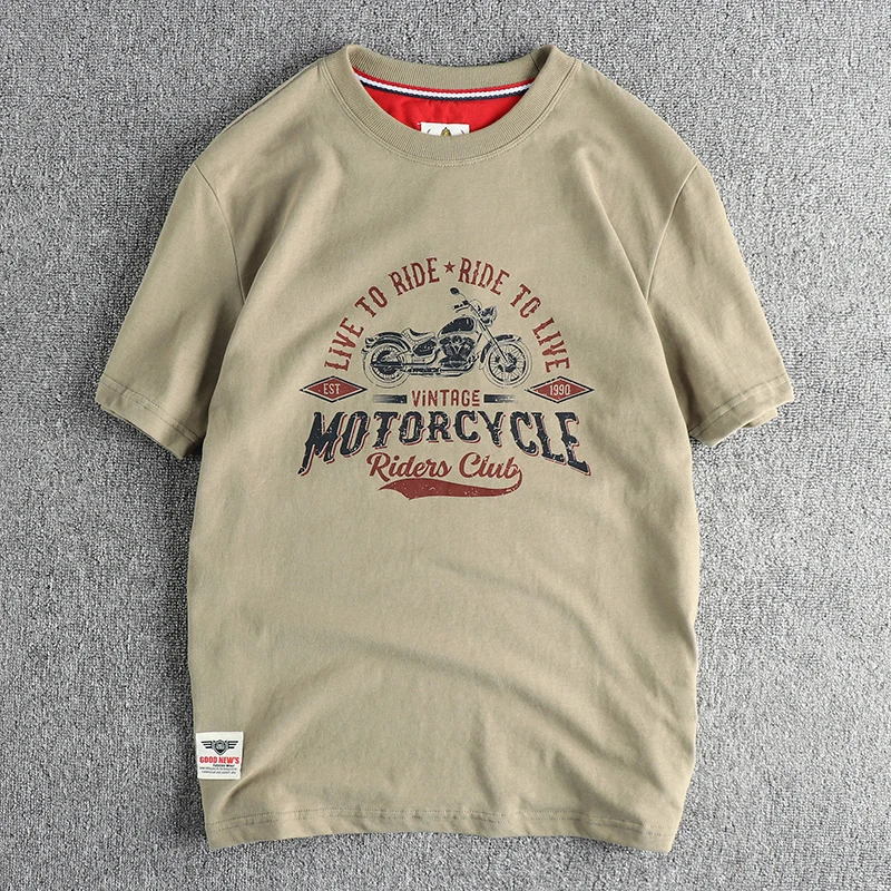 Vintage biker elements printed short sleeve T-shirt men's woolen cotton comfortable soft round neck casual fashion half sleeve T