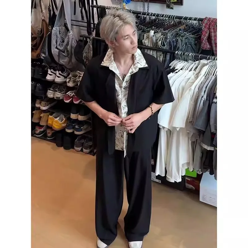 

Summer Large Size 300 Pounds Retro Hong Kong Style Short Sleeve Men's Shirt Trendy High-End Floral Collar Fake Two-Piece Shirt