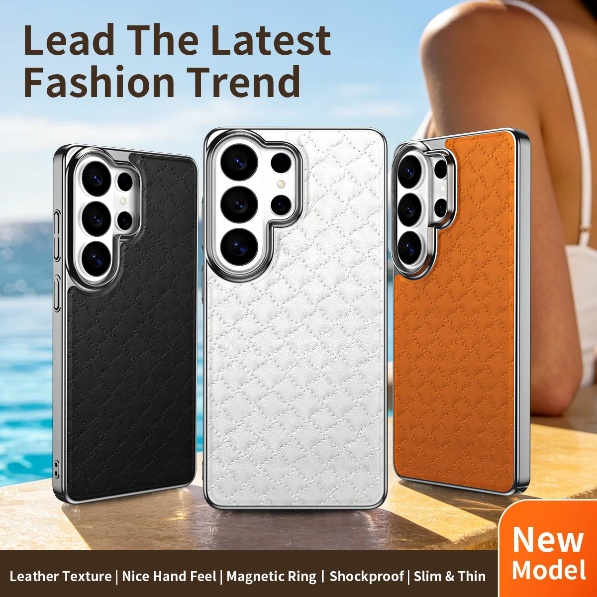 For Samsung Galaxy S26 S25 S24 S23 Ultra Case Embossed Leather Electroplating Glossy Edges Built-in Magnetic Soft Cover