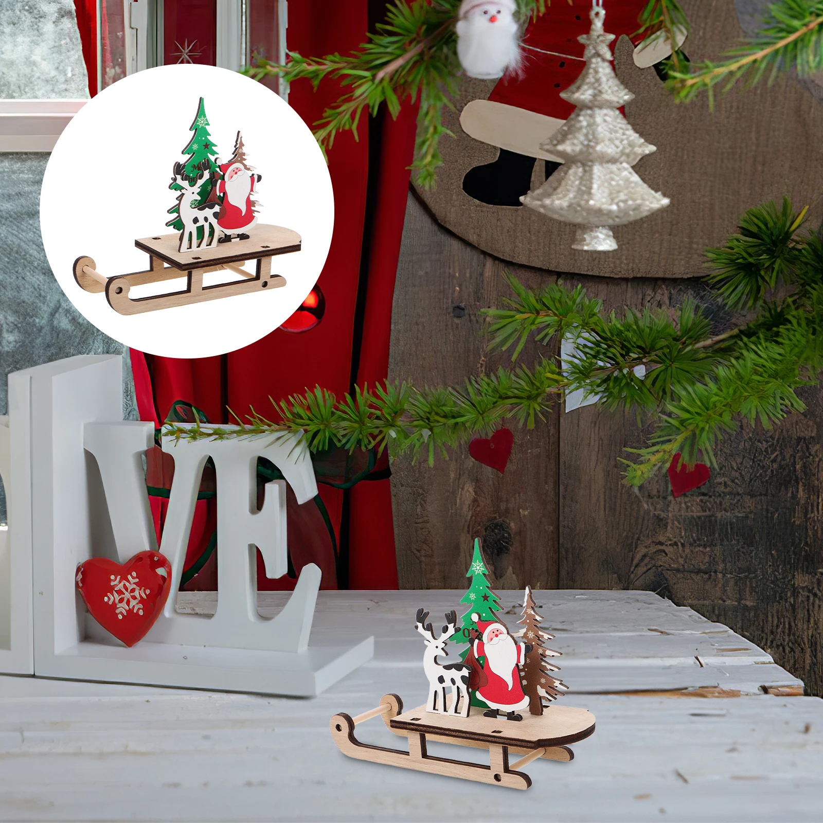 

Handmade Wooden Christmas Decorations Snowman Sleigh Holiday Centerpiece Indoor Home Party Diy Ornament Xmas Sled Hanging Mini