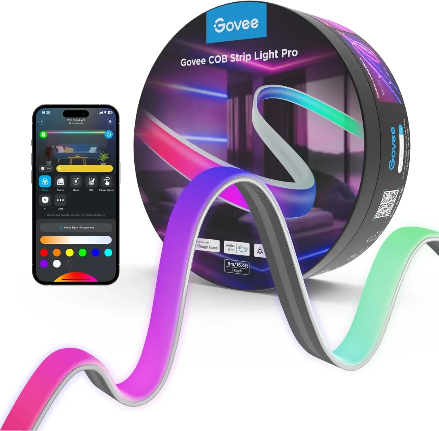 

Светодиодная лента COB Pro, светодиодные светильники для спальни, совместимые с Alexa, Google Assistant и Matter, RGBICW свет с теплым белым светом