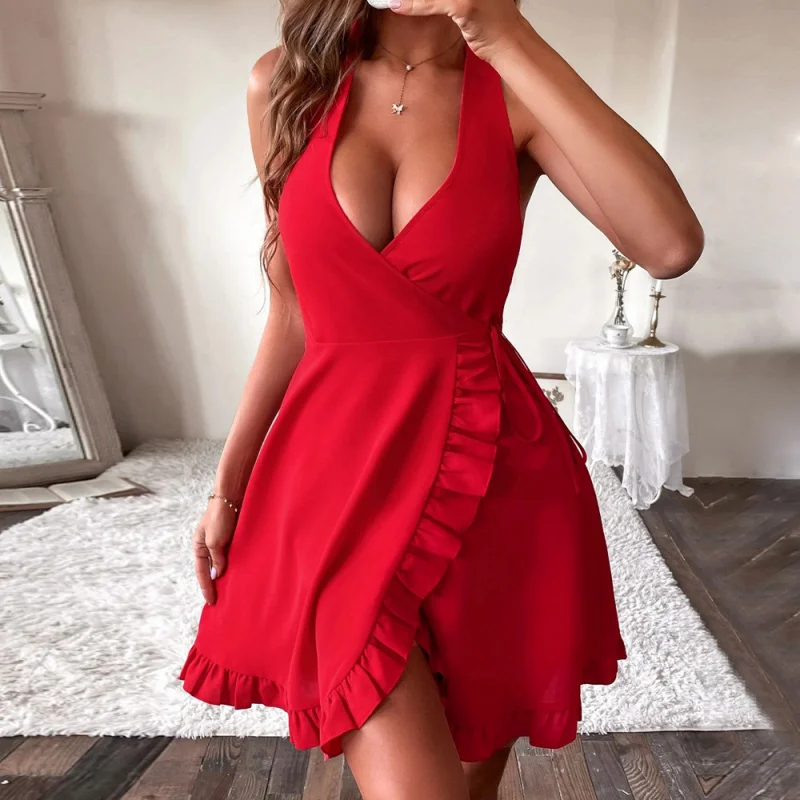 

YQ1-Sexy StyleUCollar Sleeveless Dress Summer New RuffleAWomen's Halter Neck Dress