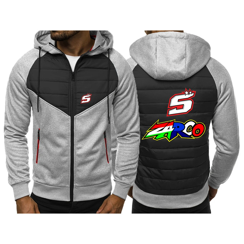 2024 Spring Autumn Men Moto Rider JOHANN ZARCO No. 5 Print High Street Splicing Comfortable Cardigan Zipper Cotton Hooded Jacket