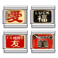 9mm Italian Charm Chinese Characters Blessing Charm Bracelet Love Lucky Stainless Steel Elastic Link Chain DIY Make Accessories