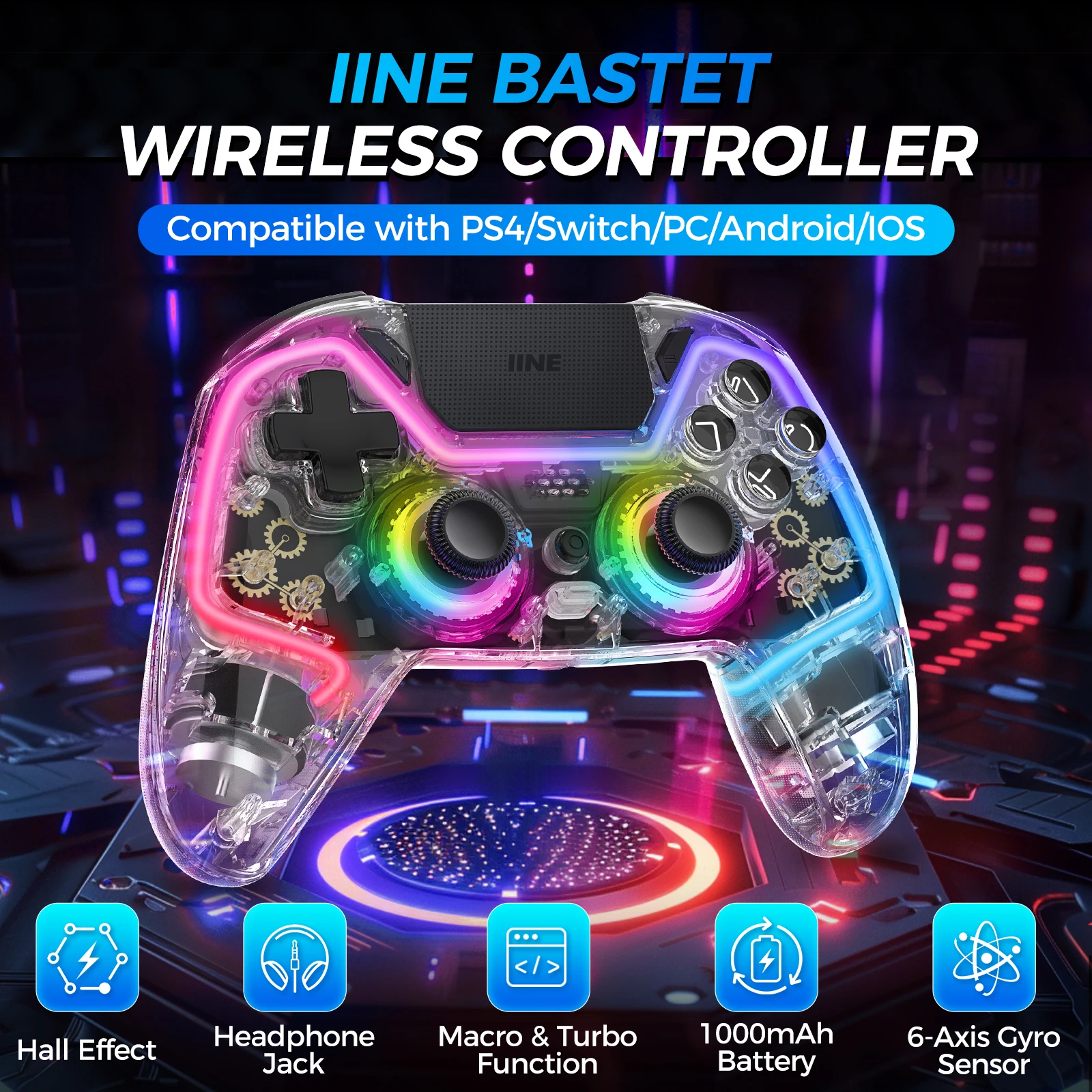 IINE Bastet Wireless Controller Compatible with PS4/Switch/PC/Android/IOS Hall Effect Joystick & Trigger With Touch Pad