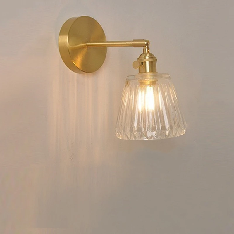 Knob Switch LED Wall Light Fixtures Bar Bathroom Bedroom Copper Glass Nordic Modern Bedside Lamp-A63M