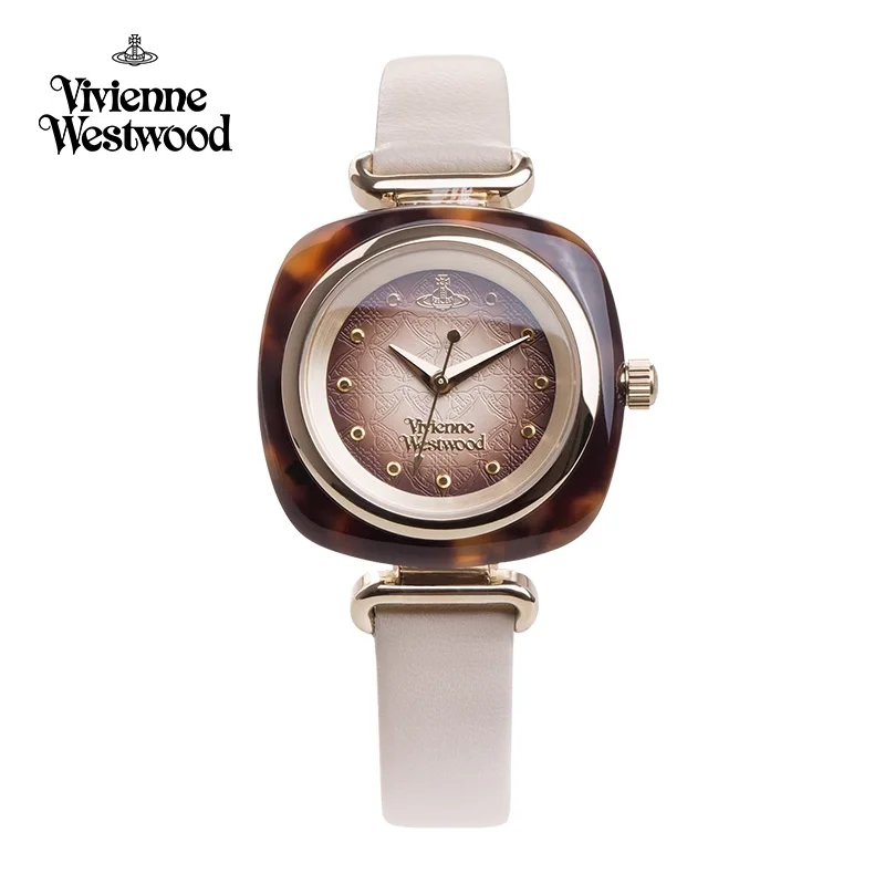 Женские часы Vivienne Westwood с элегантным квадратным корпусом из смолы и белым кожаным ремешком