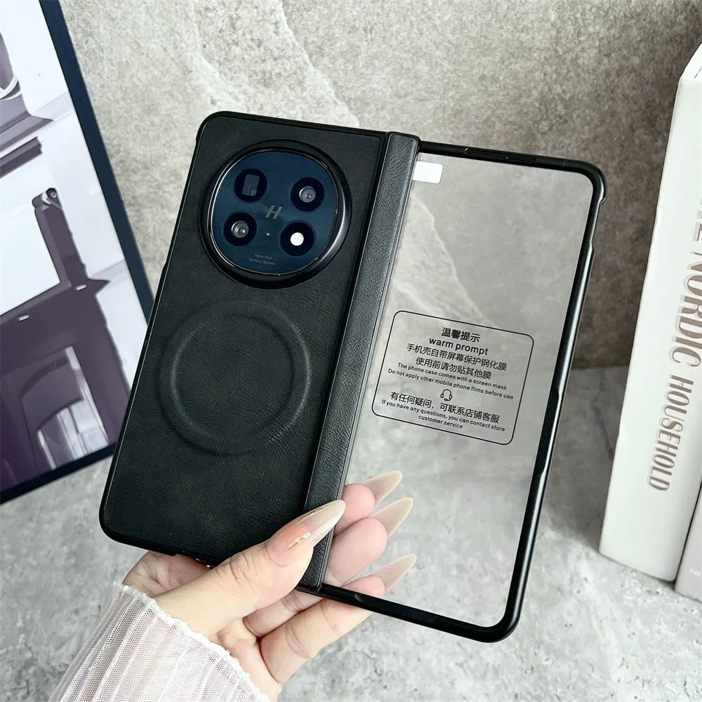 Busine Sle Bla Leather Pattern MagSafe Phone Case for OPPO Find N5 Screen Protector Film Hinge Magnetic Wireless Charging Cover