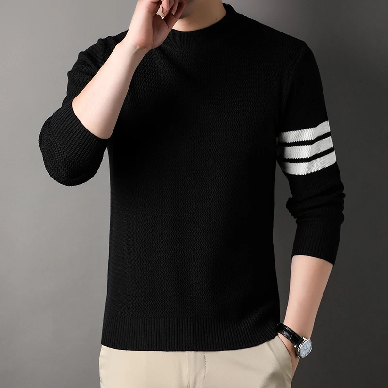 

Round Neck Sweater for Men in Spring 2025, New Waffle Knit Base Sweater, Three Bar Woolen Sweater with Inner Stitching
