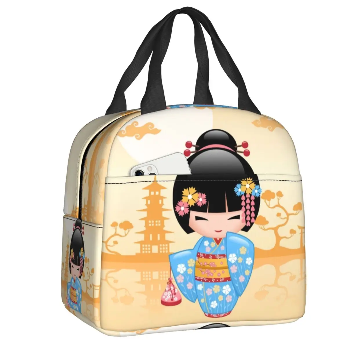 Japanese Geisha Girl Kokeshi Doll Insulated Lunch Box Reusable Thermal Cooler Lunch Bag Work Picnic Food Container Tote Bags