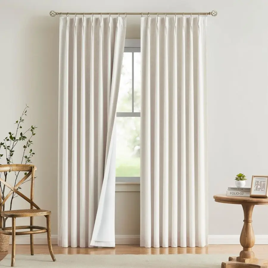 

Natural Pinch Pleated Full Blackout Curtains Linen Blended Room Darkening Window Curtains 90 inch for Living Room Bedroom Therma