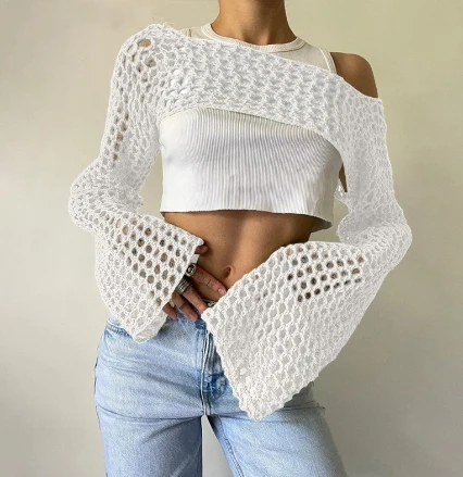 Casual Hand Hook Sweater Women's Ultra Short Horn Sleeve Sexy Mesh Hoodie Versatile External Outfit 2025 Fashion Casual Hoodie