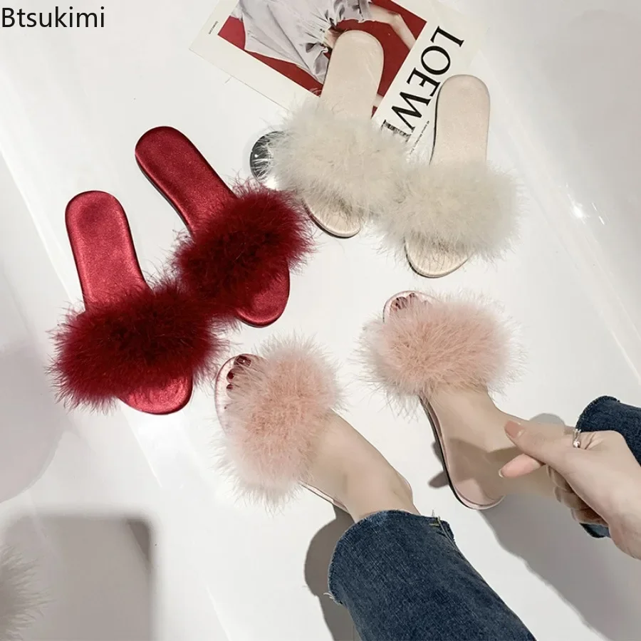 2024 Women\'s Faux Fur Slippers Silk Indoor Summer Shoes Ladies\' Sandals Anti-slip Women Fashion Slides Female Home Floor Slipper