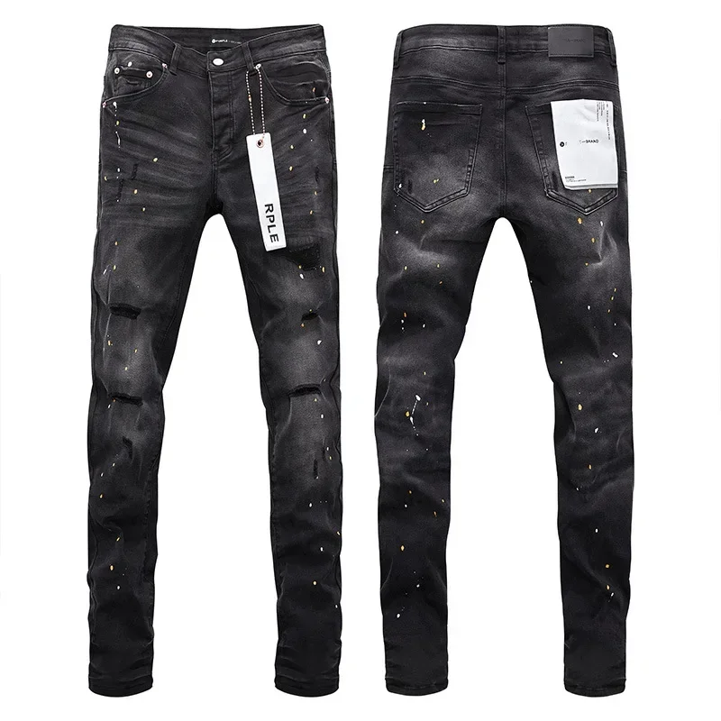 

High quality Purple Brand Jeans American High Street Ripped Ink Splashed Distressed Black Wash Stylish and slim pants