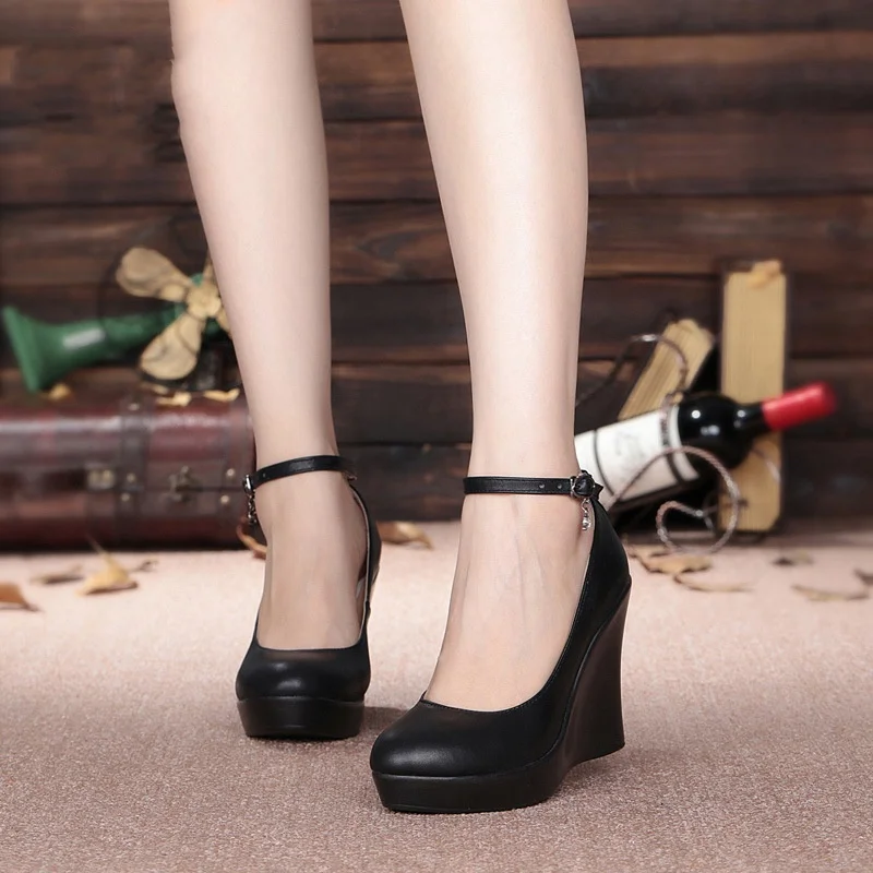 8 سنتيمتر 10 سنتيمتر أنيقة مريحة حقيقية أحذية من الجلد النساء مضخات منصة 2025 ربيع الخريف عالية الكعب أسافين الأحذية نموذج مكتب