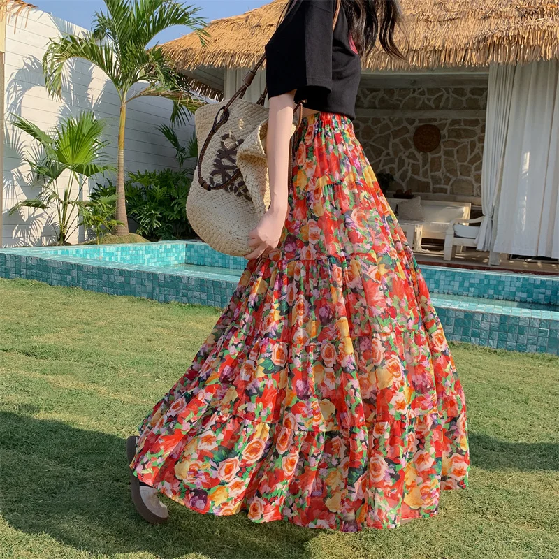 

Sweet Oil Painting High Split Cake Skirt Midi Length Pleated Skirt Vintage Ink Flower Print Full A-Line Skirt Polyester Fiber