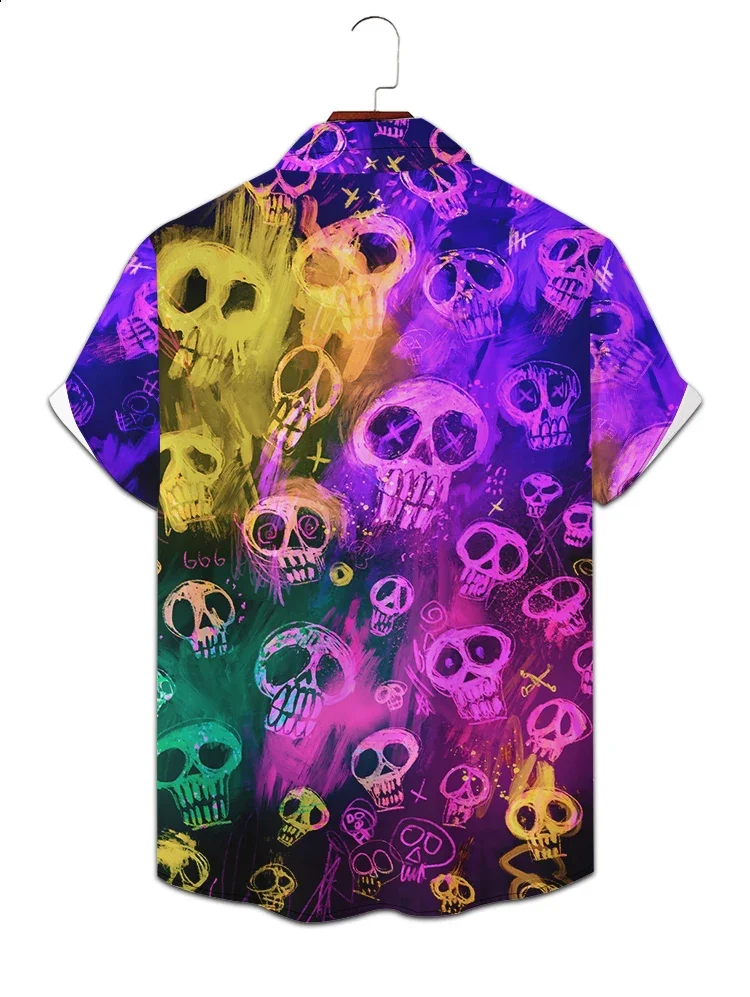 High Street Popular Summer Short Sleeve Shirt Casual Loose Classic Buttons Men's Shirt Colorful Skull 3d Digital Printing Shirt