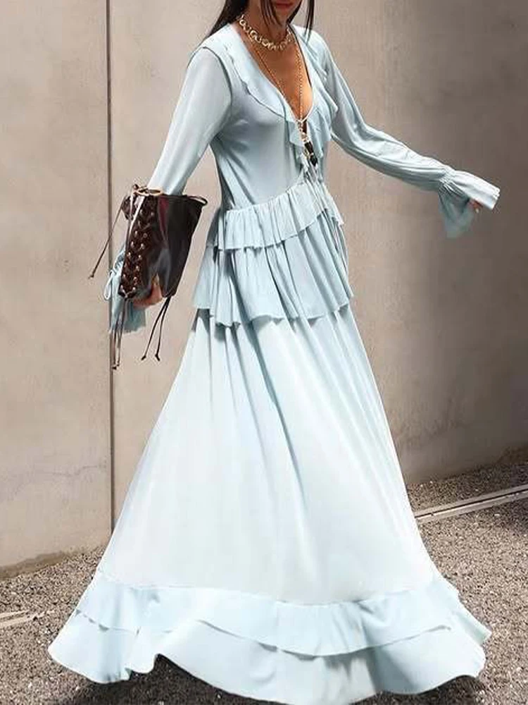 

European and American style summer new women's loose casual layered trumpet sleeve top with ruffled high waist skirt suit