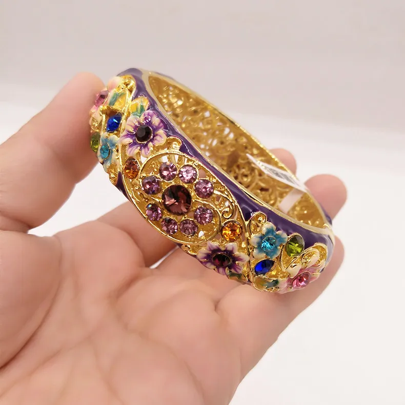 Vintage Enamel Wide Rhinestone Bangle Spring Hinged Cuff Bracelets Chinese Traditional Handcrafts Cloisonne  Accessories