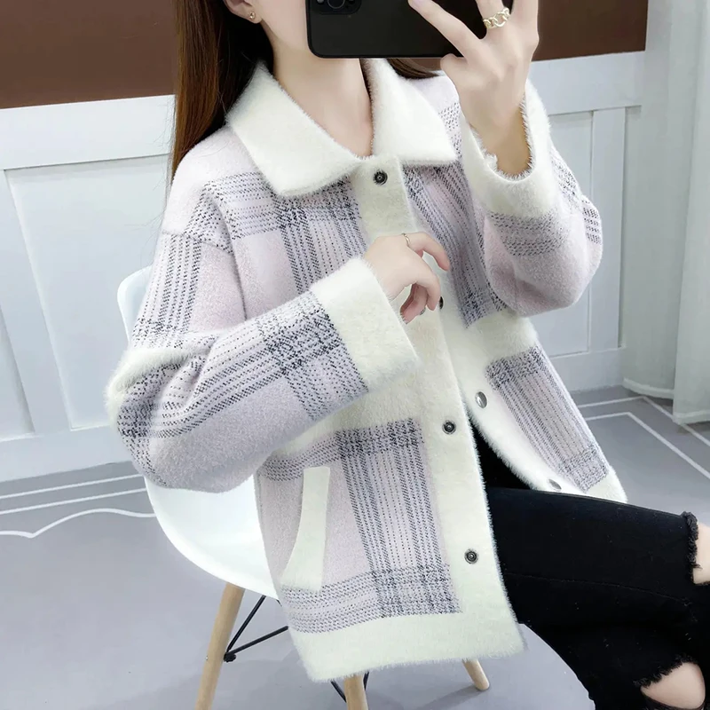 2023 Autumn Winter New Imitate Mink Velvet Sweater Women Jacket Fashion Single-Breasted Coat Female Casual Outerwear Ladies Tops